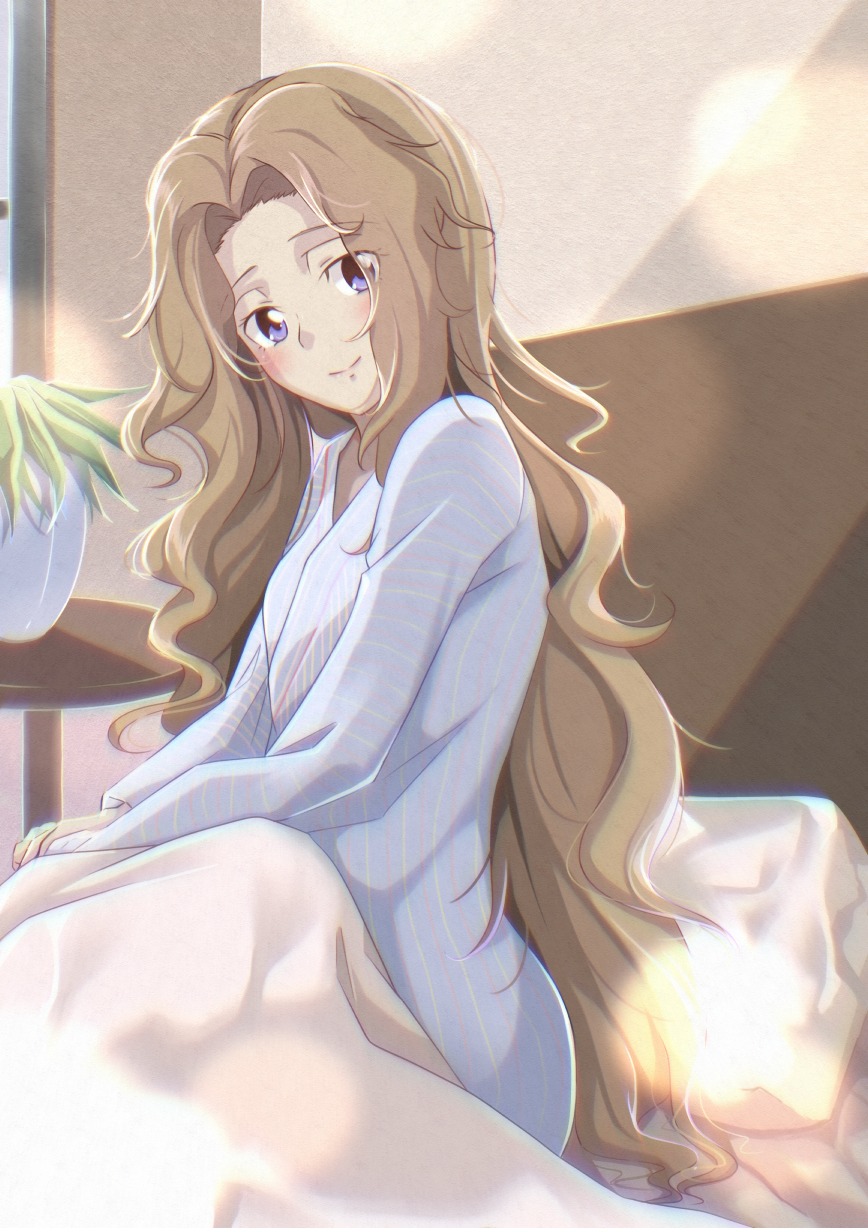 1girl, blue_dress, blue_eyes, brown_hair, closed_mouth, code_geass, dress, eyebrows_visible_through_hair