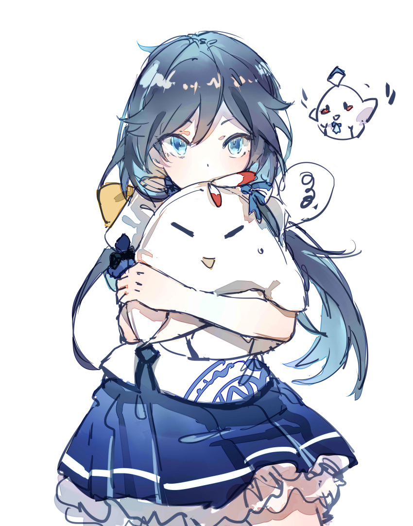 1girl, absurdres, bird, black_hair, blue_eyes, blue_skirt, chicken, covering_mouth