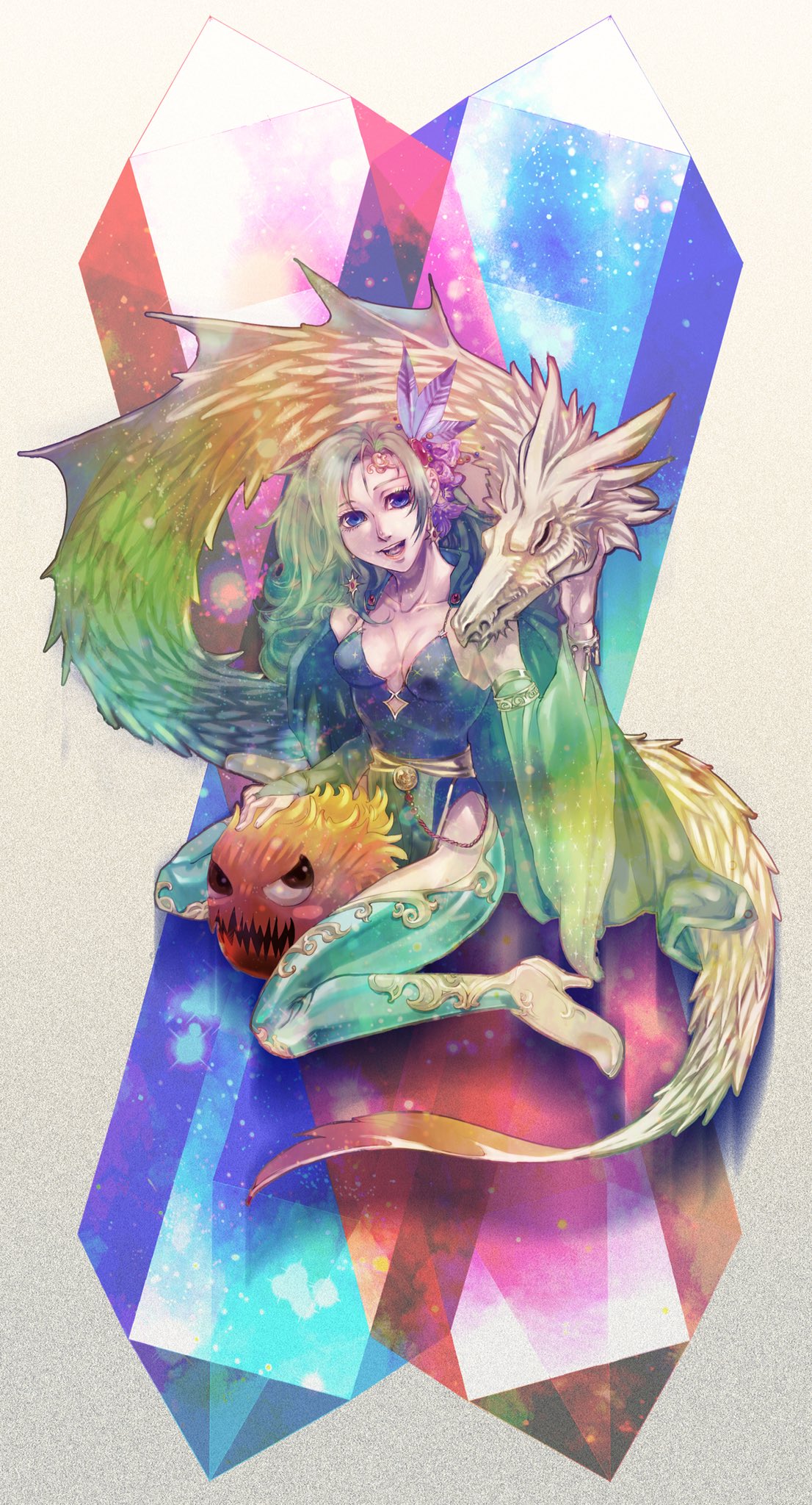 1girl, blue_eyes, bomb_(final_fantasy), breasts, closed_mouth, detached_sleeves, dragon, earrings