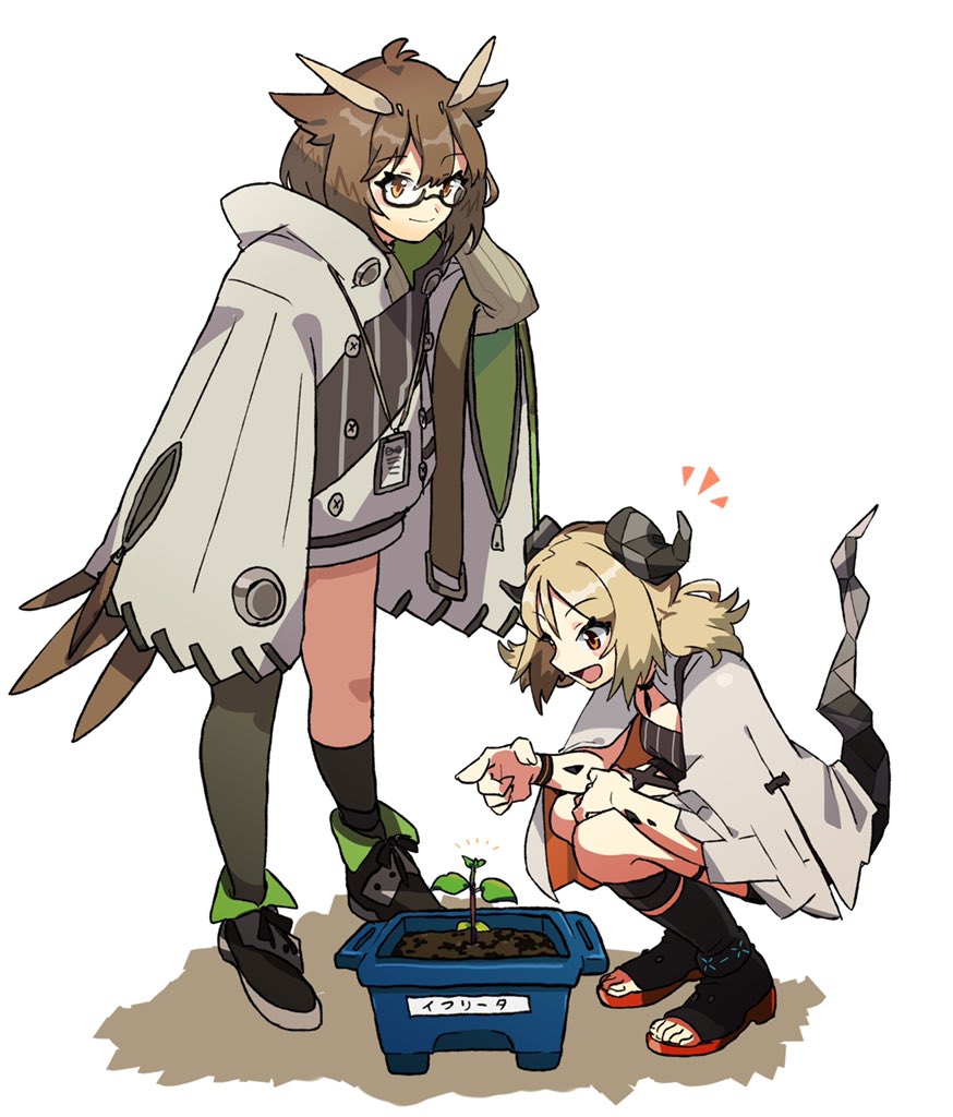 2girls, ankleband, arknights, black_legwear, black_shirt, blonde_hair, brown_hair, character_name