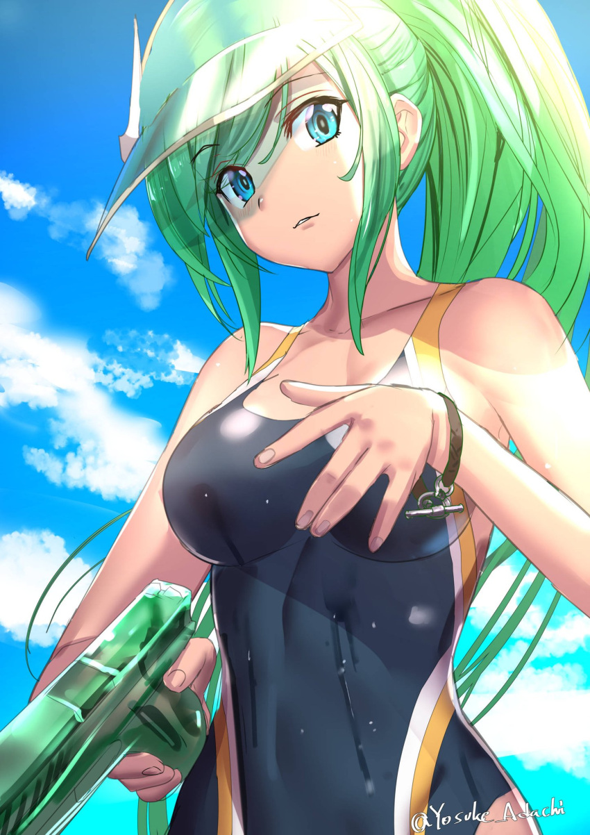 adachi_yousuke, artemis_(p&amp;d), blue_eyes, breasts, green_hair, highres, medium_breasts, ponytail