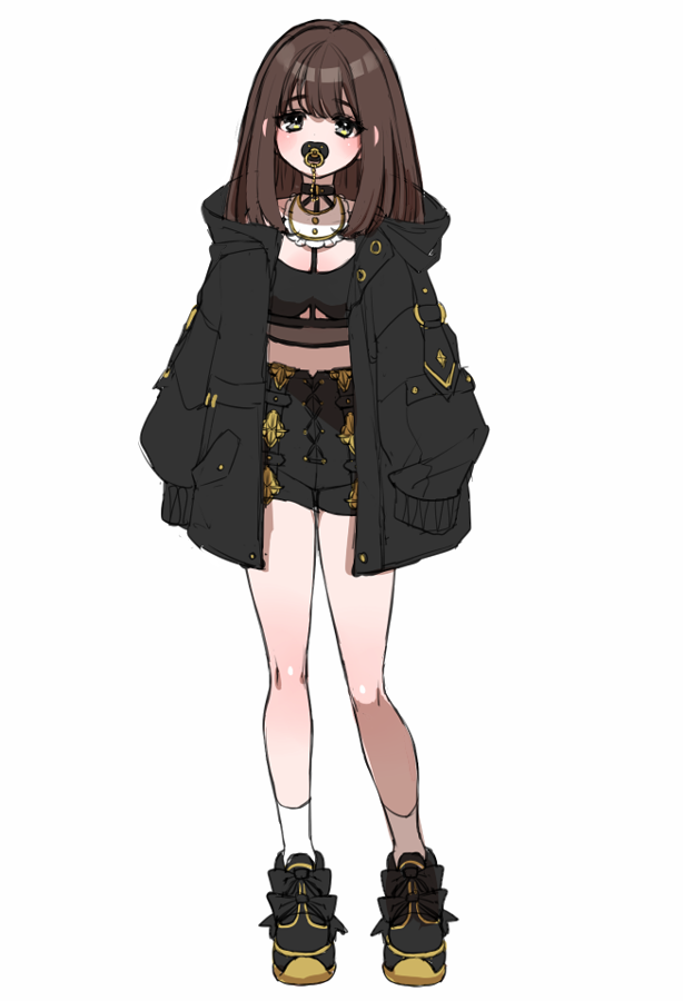 1girl, black_footwear, black_jacket, brown_hair, chain, choker, full_body, hood