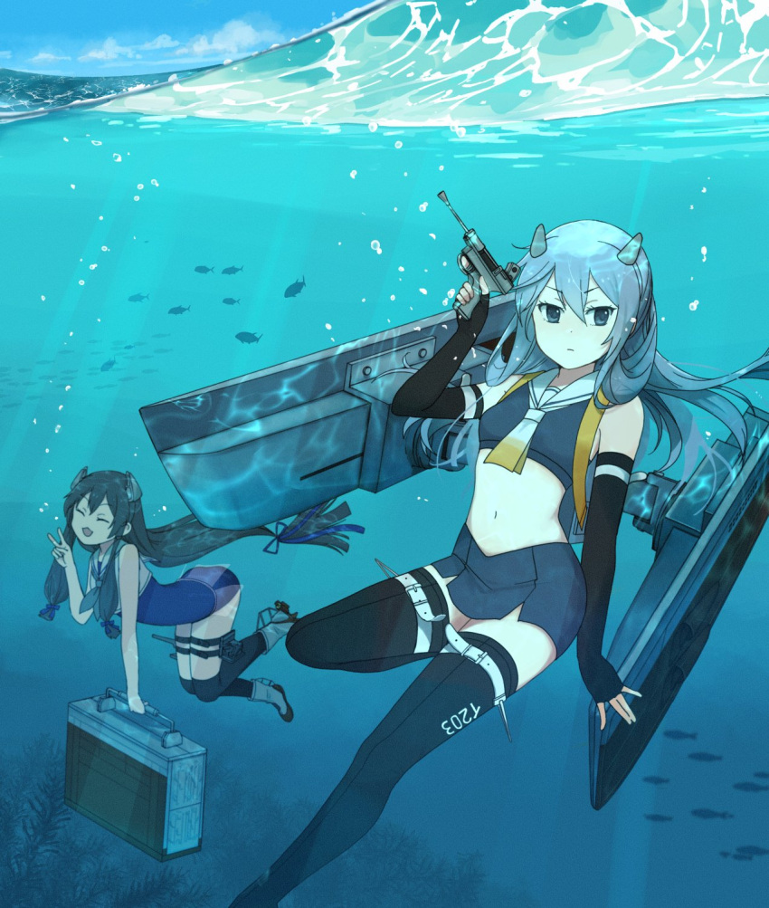 2girls, annin_musou, black_gloves, black_hair, black_legwear, blue_eyes, blue_swimsuit, blush