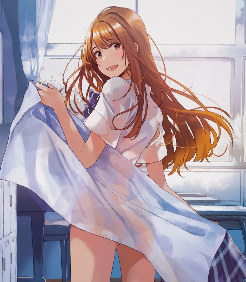 1girl, bangs, blush, brown_eyes, collared_shirt, curtains, fly_(marguerite), highres