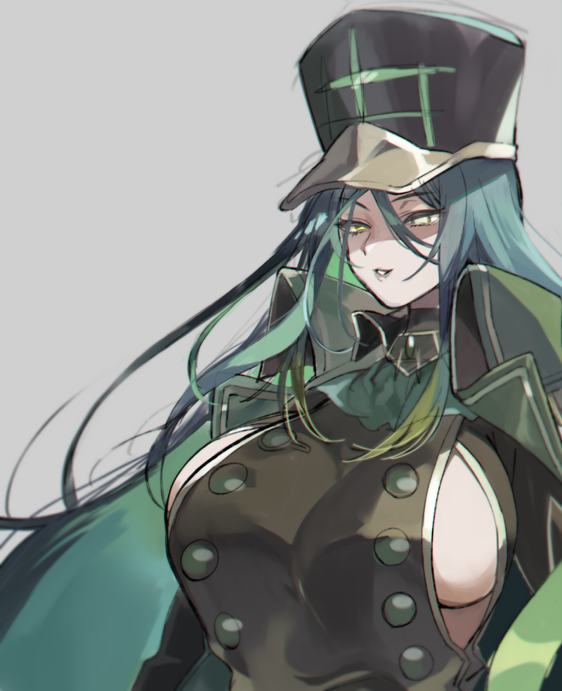 1girl, alchemy_stars, ascot, bangs, black_headwear, black_jacket, breasts, green_hair