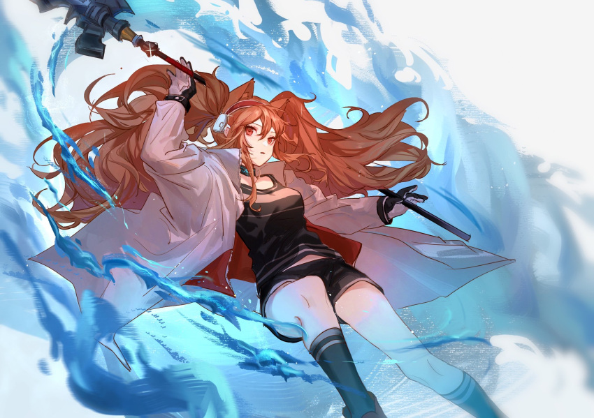 1girl, angelina_(arknights), animal_ears, arknights, black_collar, black_gloves, black_legwear, black_shirt, black_shorts, brown_hair, cccc76743578, collar, extra_ears, feet_out_of_frame, fox_ears, gloves, hairband, highres, holding, holding_staff, infection_monitor_(arknights), jacket, long_hair, open_clothes, open_jacket, originium_arts_(arknights), parted_lips, red_eyes, red_hairband, shirt, shorts, socks, solo, staff, twintails, white_jacket