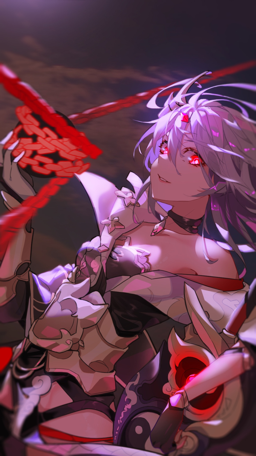 1girl, bangs, black_gloves, chain, clouds, cloudy_sky, evil_grin, evil_smile, fingerless_gloves, fu_hua, fu_hua_(herrscher_of_sentience), gloves, grin, hair_between_eyes, hair_ornament, highres, holding, honkai_(series), honkai_impact_3rd, july_no_dark_chocolate, long_hair, looking_at_viewer, mismatched_gloves, sky, smile, solo, sword, teeth, uneven_gloves, uneven_sleeves, weapon