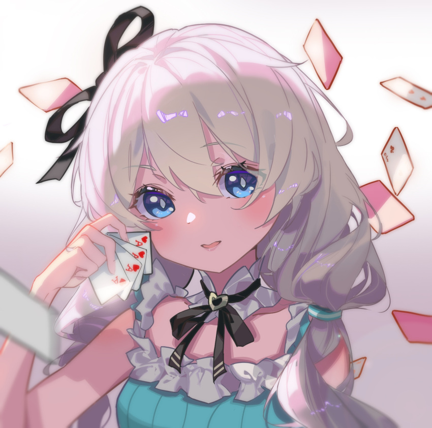 1girl, bangs, blue_dress, card, dress, hair_between_eyes, hair_ribbon, highres