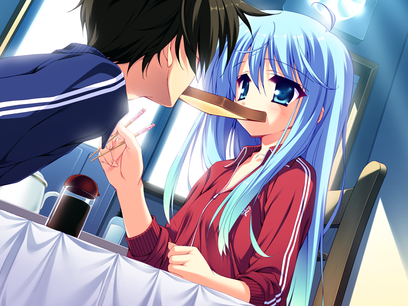 blue_hair, chopsticks, game_cg, katsuragi_kotori, mouth_hold, munyuu, purely, sleeves_pushed_up