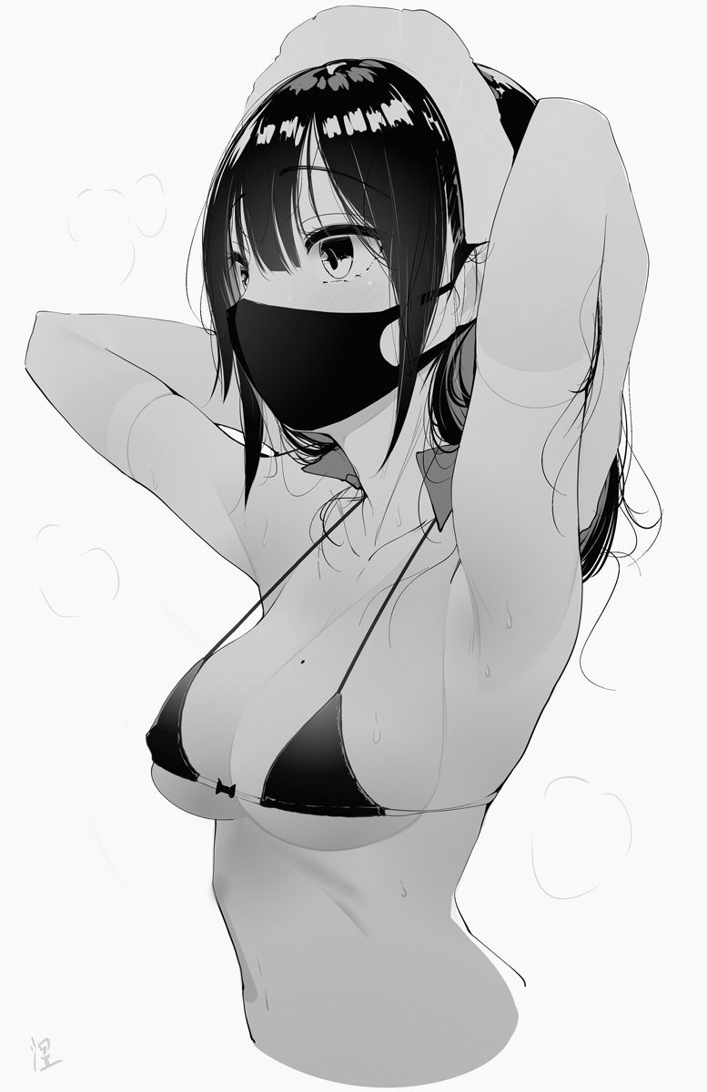 1girl, armpits, bangs, bikini, black_bikini, blush, breasts, commentary_request, elbow_gloves, eyebrows_visible_through_hair, gloves, greyscale, halterneck, highres, long_hair, maid, mask, medium_breasts, micro_bikini, mole, mole_on_breast, monochrome, mouth_mask, original, simple_background, solo, string_bikini, sweat, swimsuit, unimon_e, upper_body