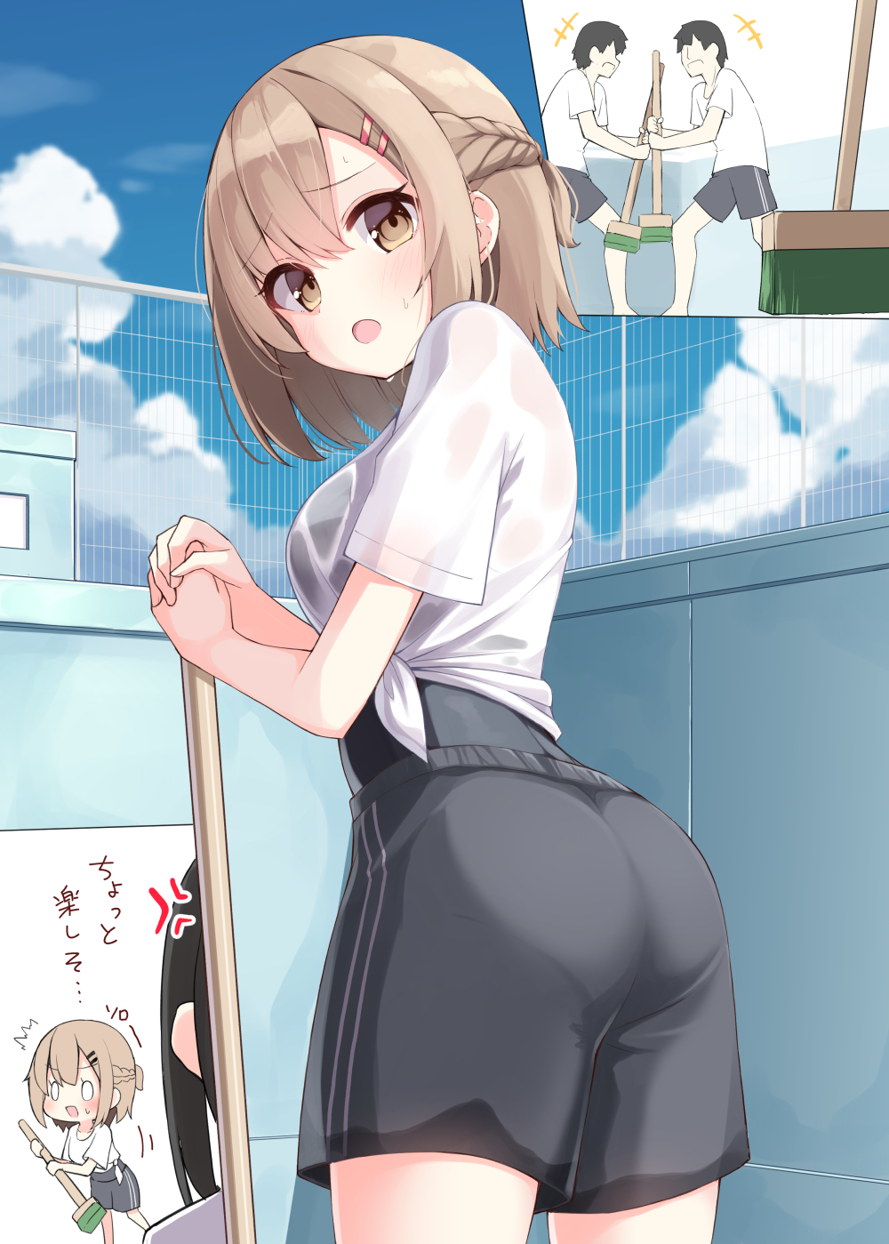 +++, 0_0, 2boys, 2girls, :d, ^^^, ass, bangs, black_hair, black_shorts, black_swimsuit, blush, braid, breasts, broom, brown_eyes, brown_hair, commentary_request, day, empty_pool, eyebrows_visible_through_hair, faceless, faceless_male, hair_between_eyes, hair_ornament, hairclip, highres, holding, holding_broom, medium_breasts, multiple_boys, multiple_girls, ominaeshi_(takenoko), one-piece_swimsuit, open_mouth, original, outdoors, pool, see-through, shirt, short_shorts, shorts, smile, sweat, swimsuit, swimsuit_under_clothes, tied_shirt, translated, white_shirt
