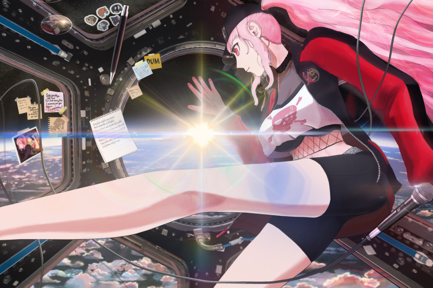 1girl, above_clouds, absurdres, bangs, bare_legs, baseball_cap, black_headwear, black_jacket