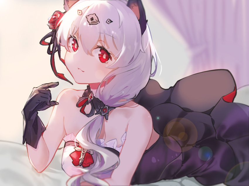 1girl, :3, animal_ears, bangs, bare_shoulders, bed, black_dress, black_gloves