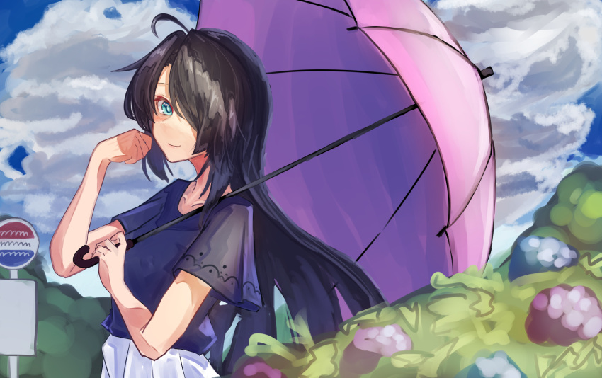 1girl, ahoge, alternate_hairstyle, black_hair, blouse, blue_blouse, blue_eyes, blue_sky