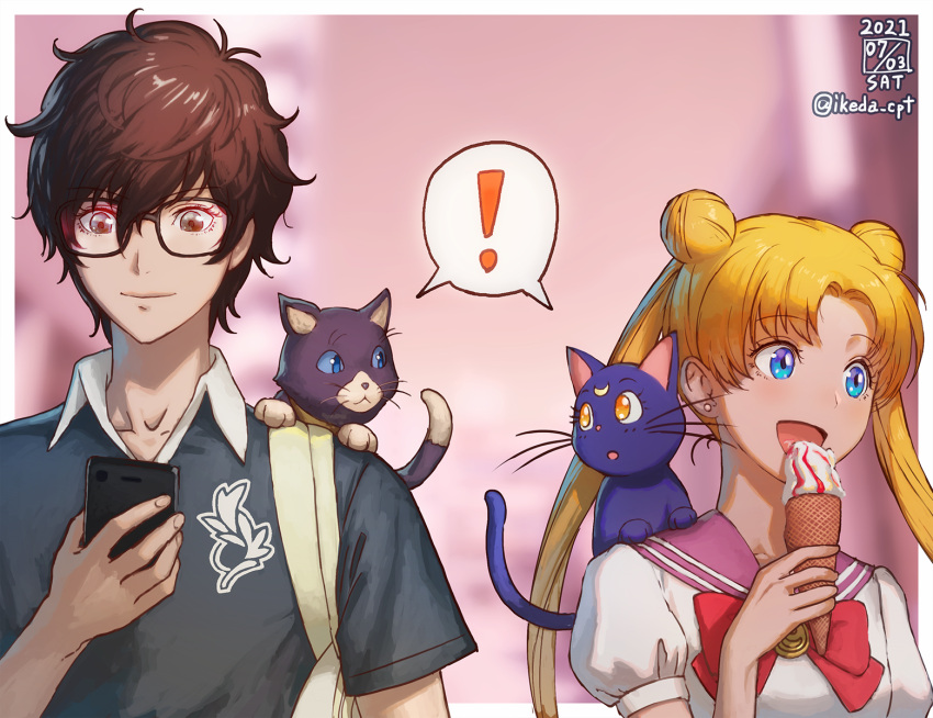 !, 1boy, 1girl, amamiya_ren, bag, bangs, bishoujo_senshi_sailor_moon, black_cat