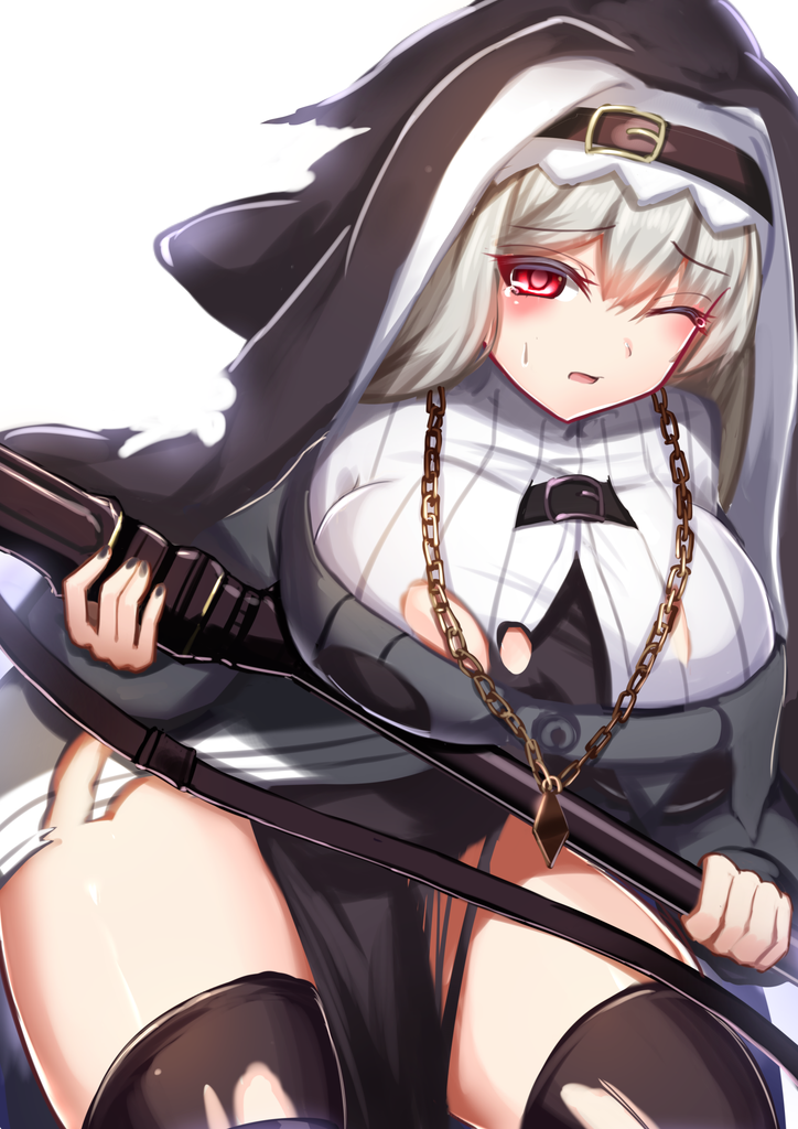 1girl, arknights, bangs, black_dress, black_headwear, black_legwear, black_nails, blush, breasts, circular_saw, coat, commentary_request, cowboy_shot, dress, grey_coat, grey_hair, habit, hair_between_eyes, holding, holding_weapon, huge_breasts, jewelry, long_hair, looking_at_viewer, nail_polish, necklace, nun, oboenikui_namae, one_eye_closed, open_mouth, partial_commentary, pelvic_curtain, red_eyes, saw, simple_background, specter_(arknights), sweat, thigh-highs, torn_clothes, torn_dress, torn_legwear, turtleneck, weapon, white_background