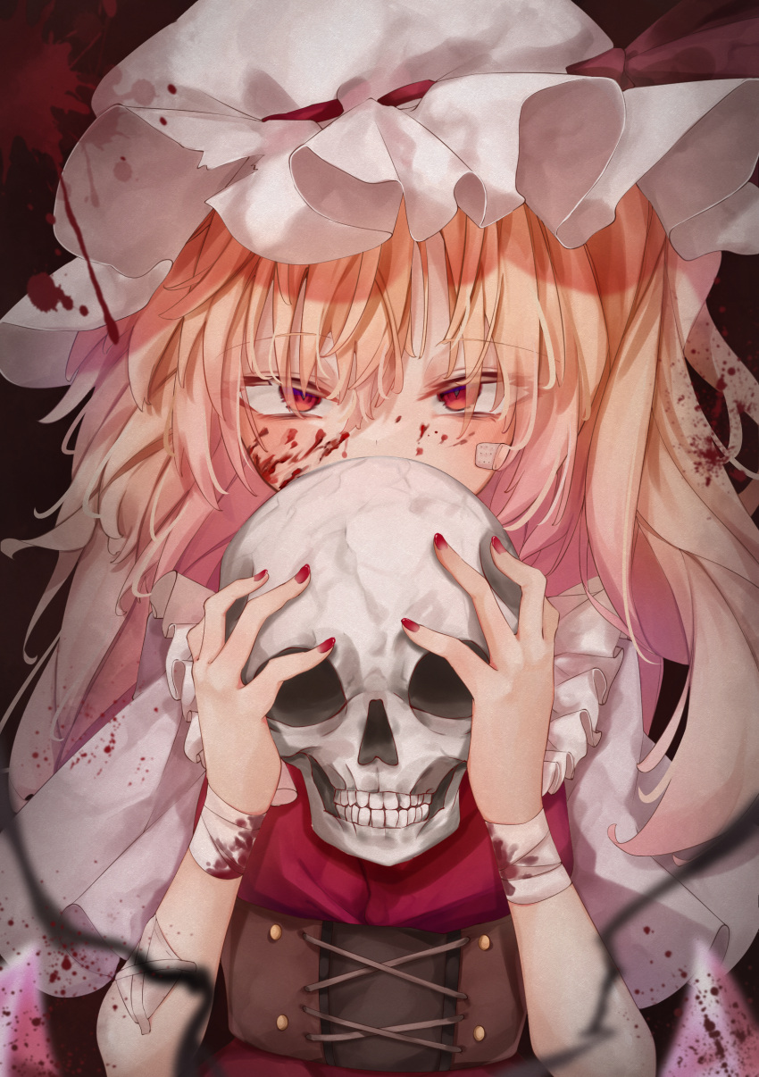1girl, absurdres, bandaged_arm, bandages, bandaid, bandaid_on_face, bangs, blonde_hair