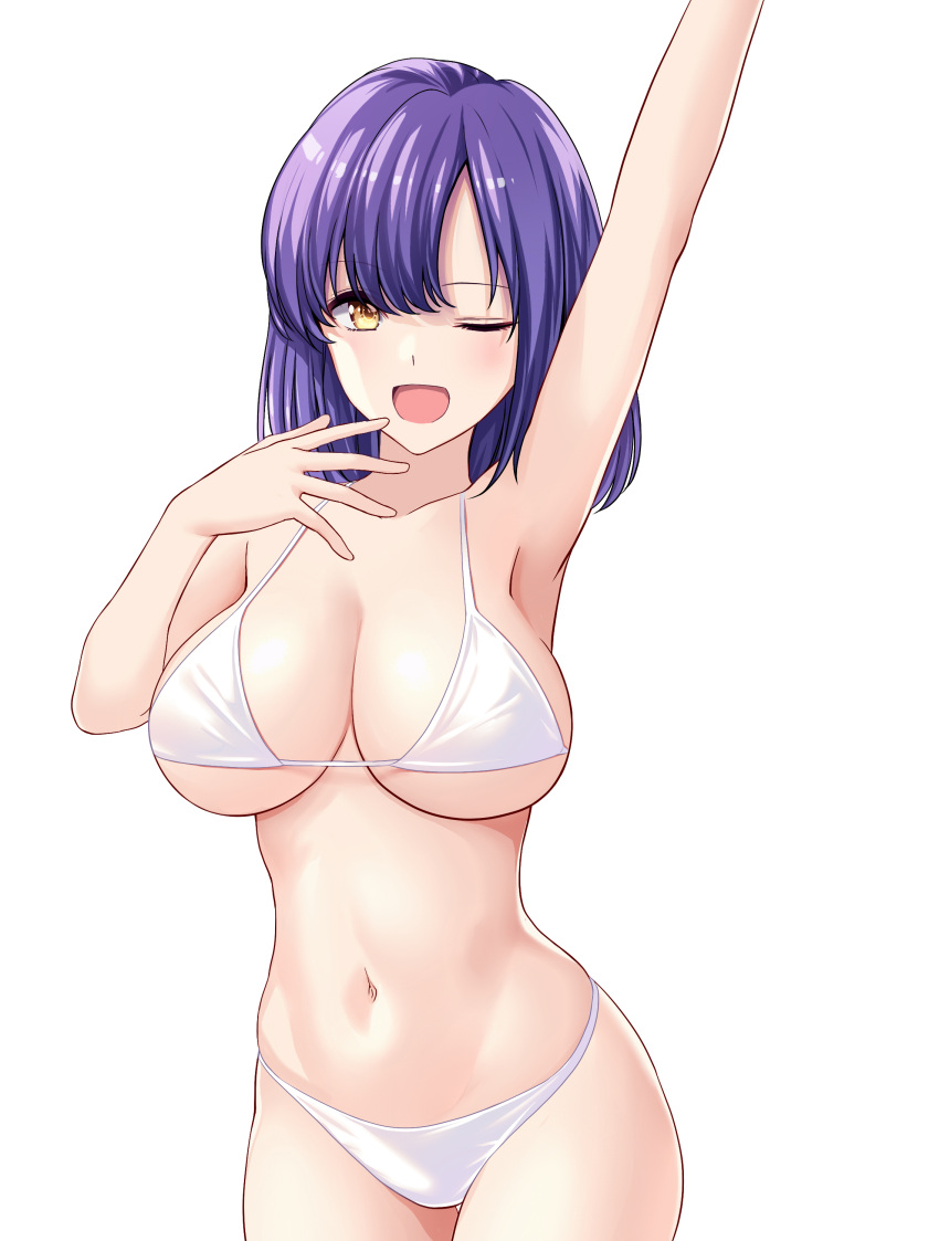 1girl, ;d, absurdres, arm_up, armpits, bikini, breasts, highres