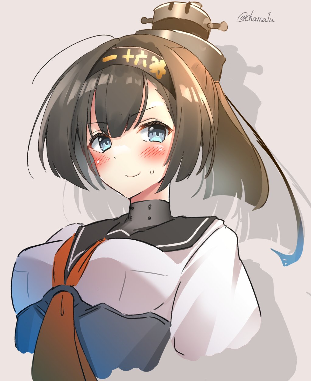 1girl, ahoge, akizuki_(kancolle), black_hair, black_headband, black_sailor_collar, blue_eyes, clothes_writing