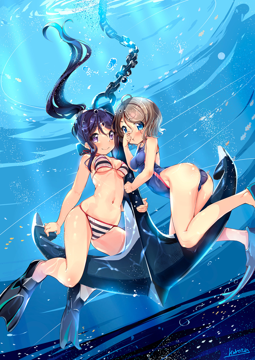 2girls, air_bubble, anchor, ass, bangs, bikini, blush, breasts