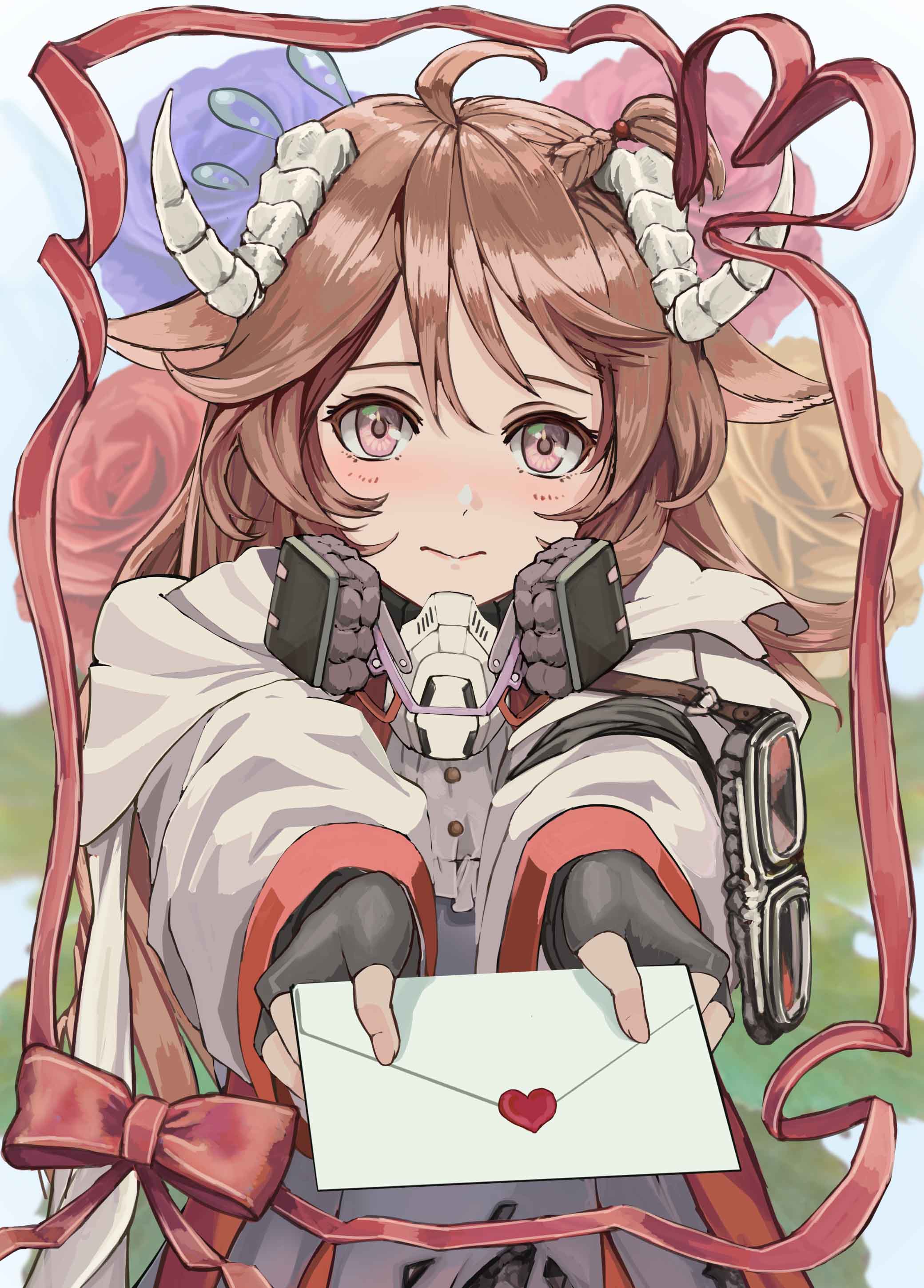1girl, absurdres, ahoge, animal_ears, arknights, blue_flower, blush, brown_hair