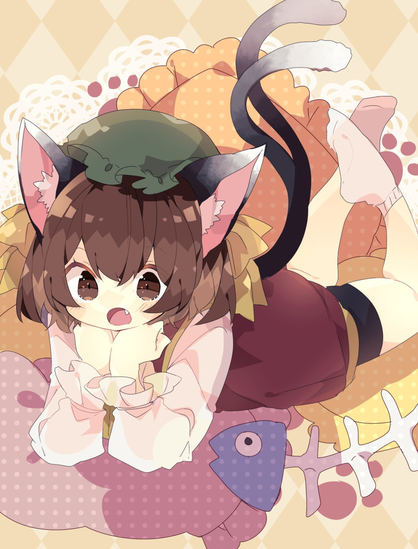 1girl, :o, animal_ear_fluff, animal_ears, argyle, argyle_background, bangs, black_shorts