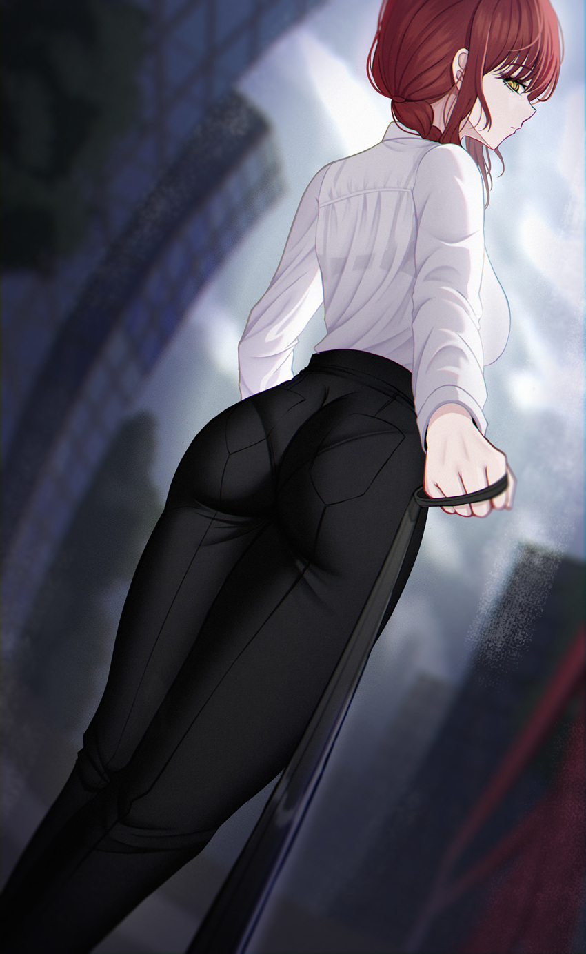 1girl, alfa_(alpharig), bangs, black_pants, blurry, blurry_background, braid, braided_ponytail
