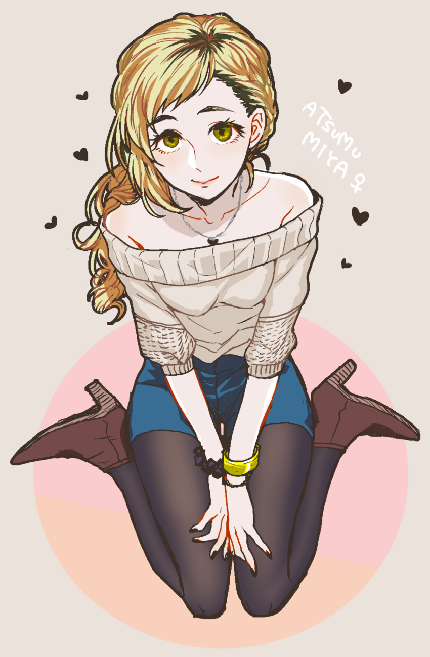 1girl, ankle_boots, beige_sweater, black_legwear, black_nails, blonde_hair, blue_shorts, boots