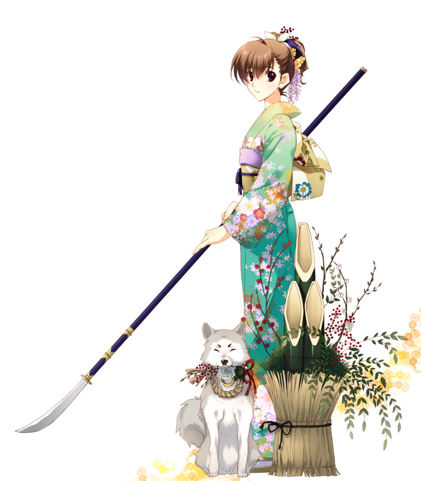 brown_hair, dog, female_protagonist_(persona_3), highres, japanese_clothes, kadomatsu, kimono, koromaru, naginata, persona, persona_3, persona_3_portable, polearm, short_hair, smile, solo, trough_shell, weapon