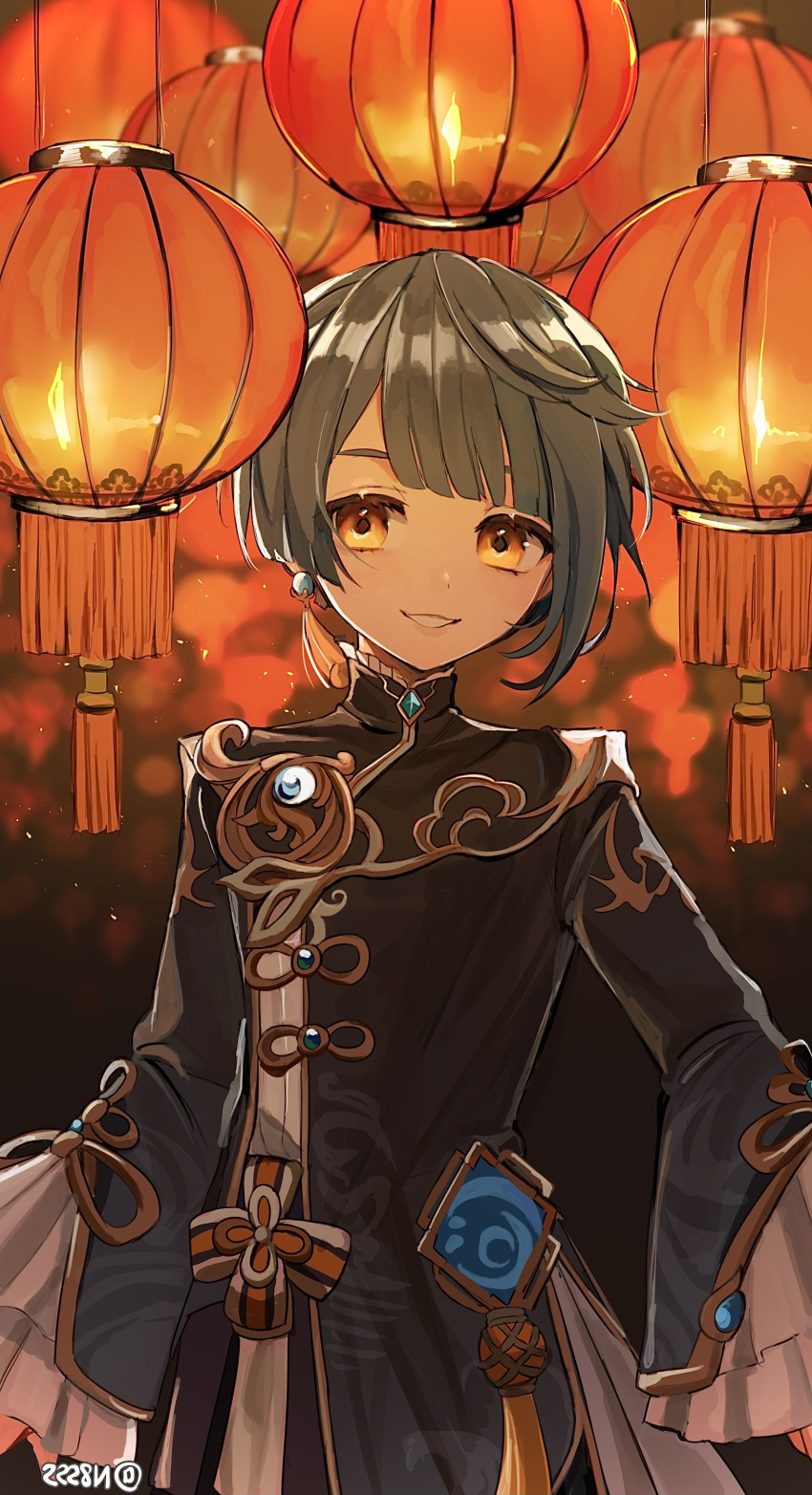 1boy, absurdres, asymmetrical_bangs, bangs, blue_hair, brooch, chinese_clothes, commentary_request, earrings, frilled_shirt_collar, frilled_sleeves, frills, genshin_impact, highres, hoge_(n8sss), jewelry, lantern, long_coat, long_sleeves, looking_at_viewer, male_focus, open_mouth, ribbon, shirt, short_hair, single_earring, smile, solo, tassel, tassel_earrings, vision_(genshin_impact), xingqiu_(genshin_impact), yellow_eyes
