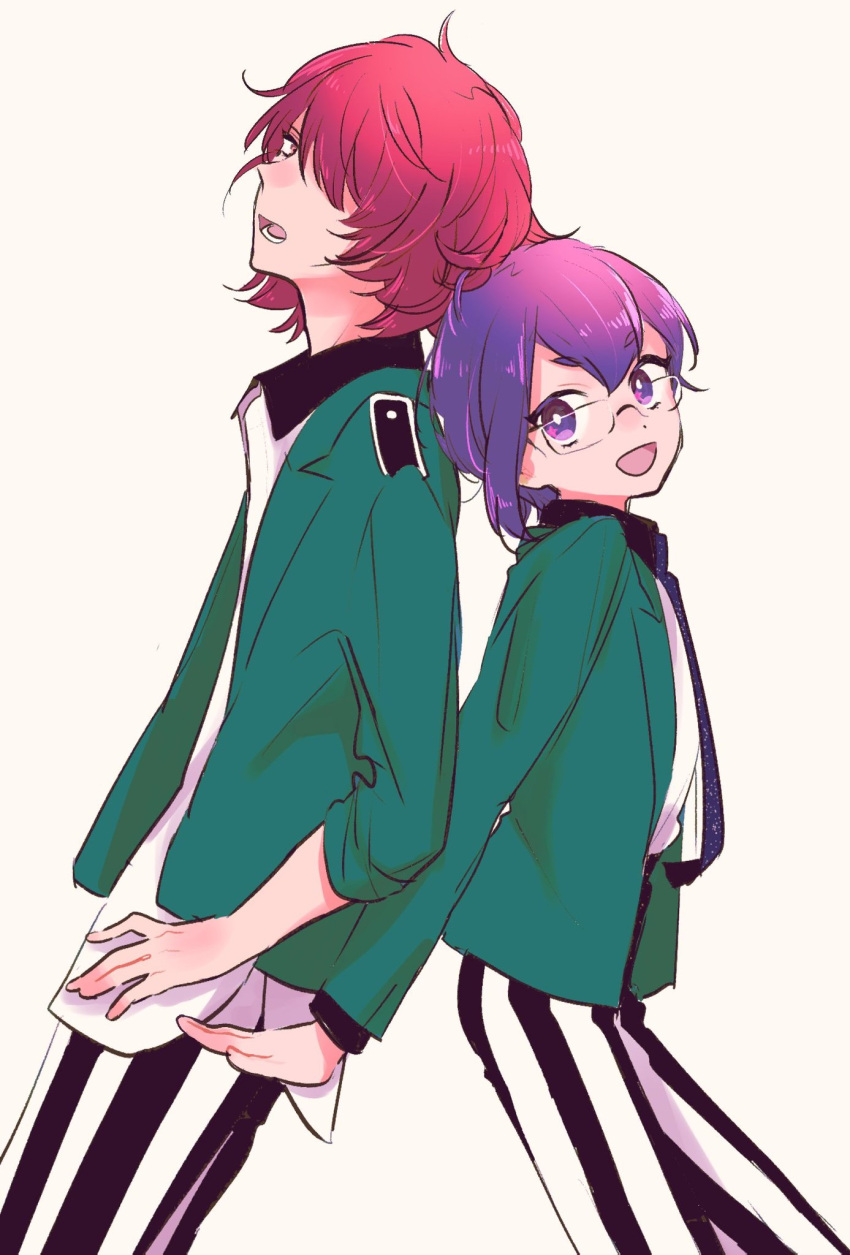 1boy, 1girl, back-to-back, bishounen_series, doujima_mayumi, fukuroi_mitsuru, glasses, green_jacket