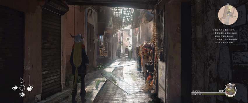 1girl, 2others, absurdres, alley, asteroid_ill, bucket, building, character_name