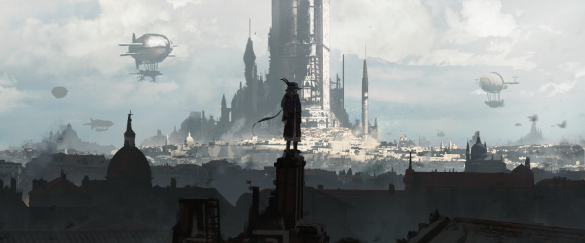 1girl, absurdres, aircraft, asteroid_ill, bird, blonde_hair, blur, building, city, cityscape, clouds, cloudy_sky, dirigible, fantasy, flock, full_body, helmet, highres, horned_helmet, huge_filesize, iris_(asteroid_ill), looking_afar, low_ponytail, medieval, original, scenery, sky, standing, standing_on_roof, wide_shot
