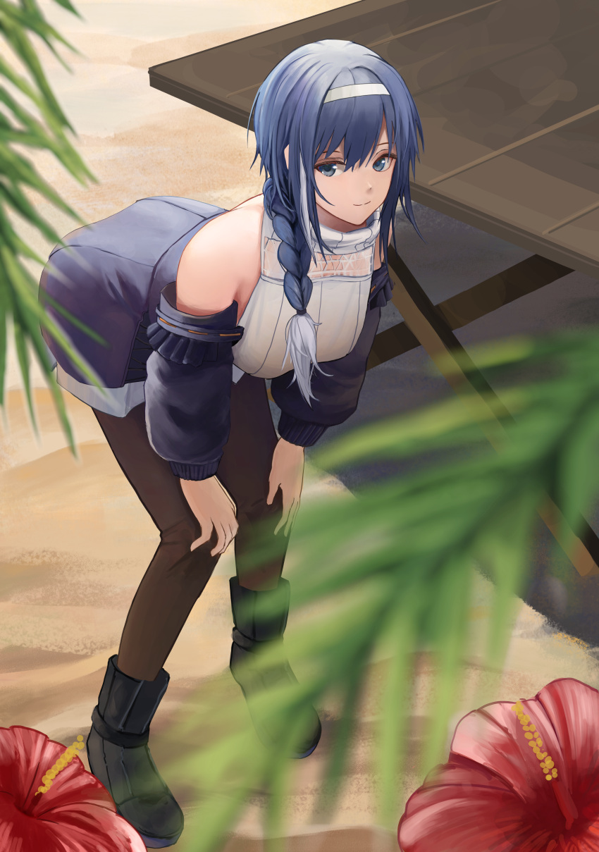 1girl, absurdres, black_footwear, black_legwear, blue_eyes, blue_hair, blue_skirt, boots