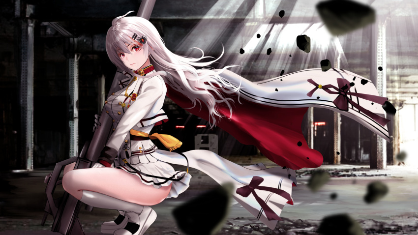 1girl, bangs, black_gloves, breasts, cloak, closed_mouth, eyebrows_visible_through_hair, gibun_(sozoshu), girls_frontline, gloves, highres, holding, holding_weapon, iws_2000_(girls_frontline), long_hair, looking_at_viewer, red_eyes, ruins, shoes, silver_hair, sitting, skirt, socks, solo, thighs, uniform, weapon, white_cloak, white_footwear, white_legwear, white_skirt