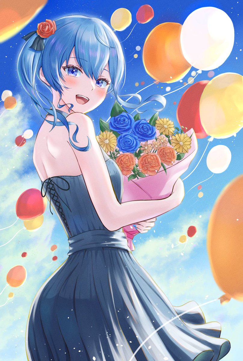 1girl, ahoge, alternate_costume, asymmetrical_hair, balloon, blue_dress, blue_sky, blush