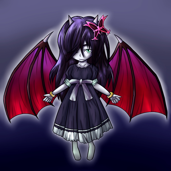 black_hair, bracelet, dress, fiend_roar_deity_cruz, green_eyes, hair_over_one_eye, hairclip, horns, jewelry, smile, wings, yu-gi-oh!