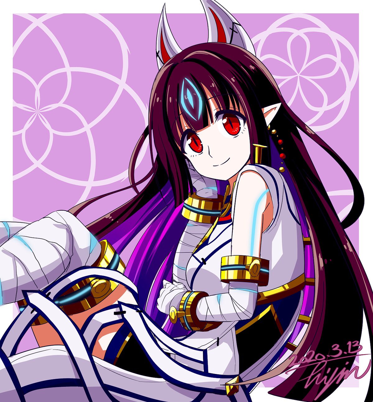 1girl, animal_ears, bandages, black_hair, earrings, fox_ears, highres, hisin