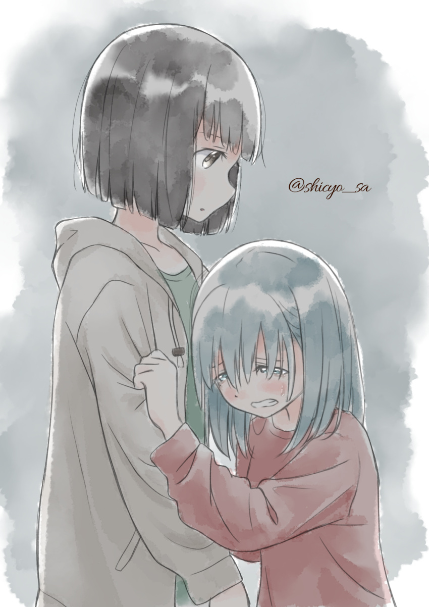 2girls, black_hair, blue_eyes, blush, bob_cut, eniwa_shii, highres, koguma_(super_cub), mole, mole_under_eye, multiple_girls, open_mouth, shichosa, short_hair, super_cub