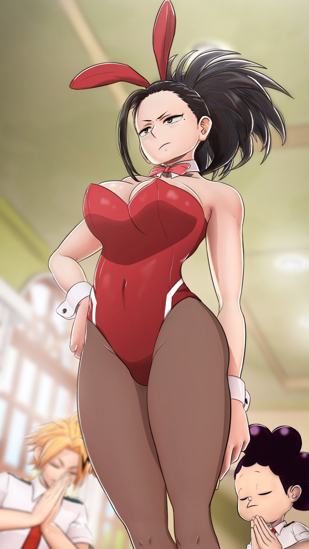 1girl, 2boys, :|, animal_ears, bare_arms, bare_shoulders, black_hair, blonde_hair