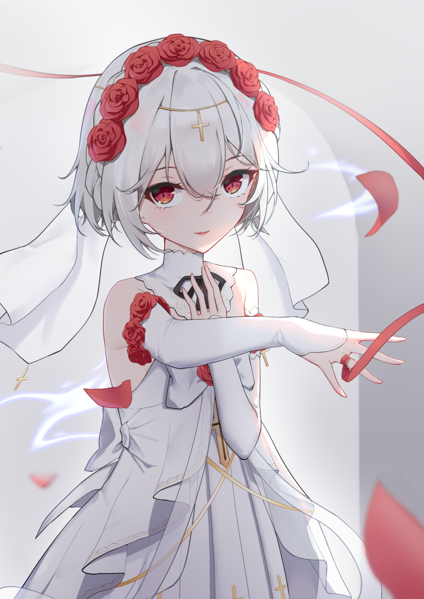 1girl, absurdres, bangs, bare_shoulders, bridal_veil, closed_mouth, dress, flower