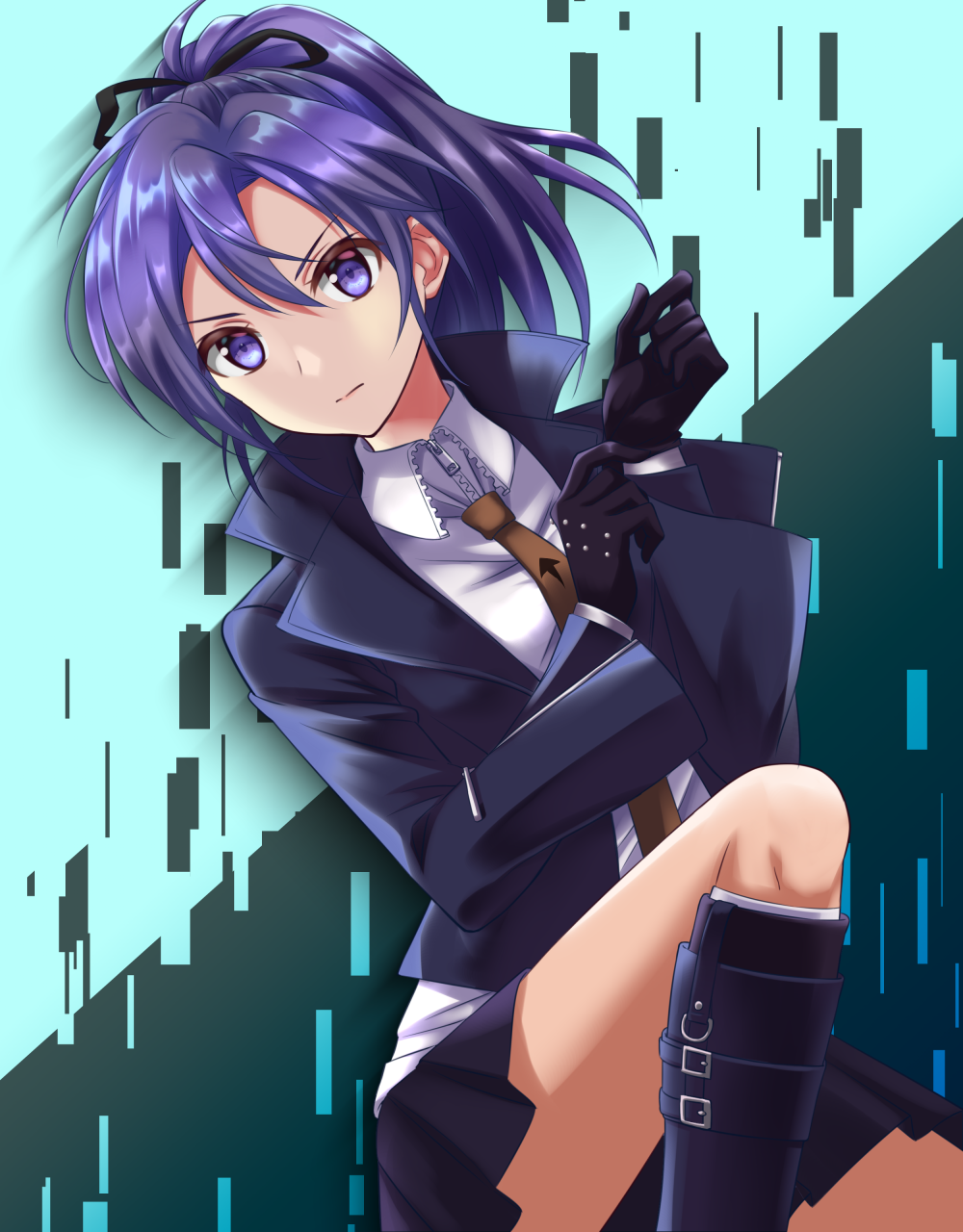1girl, bangs, black_gloves, black_jacket, black_skirt, boots, cosplay, dangan_ronpa:_trigger_happy_havoc, dangan_ronpa_(series), fir_(fire_emblem), fire_emblem, fire_emblem:_the_binding_blade, foot_out_of_frame, gloves, hair_between_eyes, hair_ribbon, highres, hikasa_youko, jacket, kakiko210, kirigiri_kyouko, knee_boots, looking_at_viewer, necktie, open_clothes, open_jacket, pleated_skirt, ponytail, purple_hair, ribbon, seiyuu_connection, skirt, solo, violet_eyes