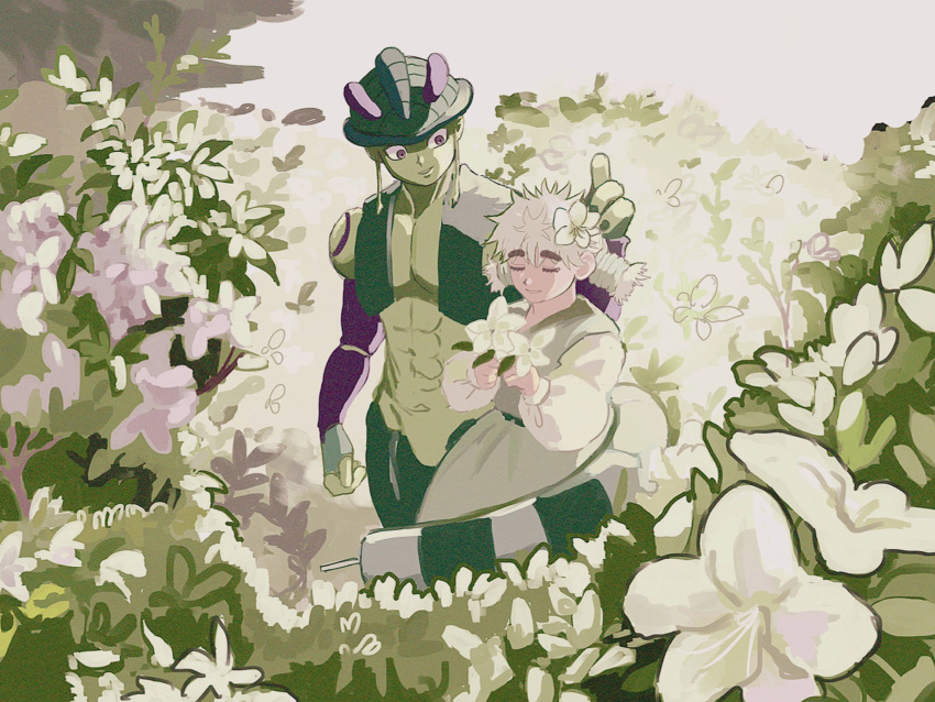 1boy, 1girl, bangs, chimera_ant_queen, closed_eyes, colored_skin, eyebrows_visible_through_hair, flower, green_skin, hair_between_eyes, hair_flower, hair_ornament, highres, hunter_x_hunter, komugi_(hunter_x_hunter), long_sleeves, looking_at_another, meruem, messy_hair, miko_hxh, standing, stinger, tail, thick_eyebrows, toned, white_flower, white_hair