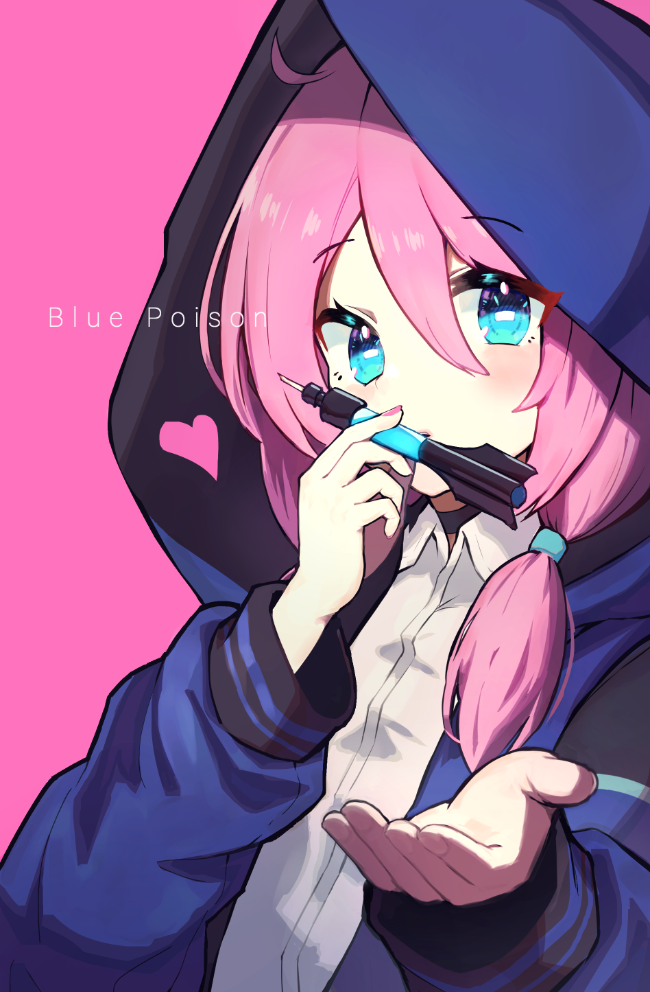1girl, ahoge, arknights, bangs, blue_eyes, blue_jacket, blue_poison_(arknights), character_name