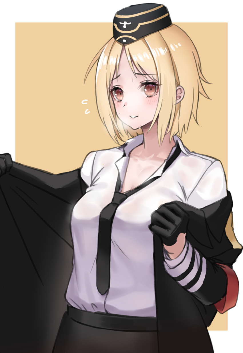 1girl, black_gloves, black_neckwear, black_skirt, blonde_hair, blush, border, breasts