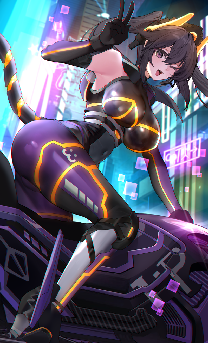 1girl, armpits, ass, bangs, bare_shoulders, black_gloves, black_hair, blush, bodysuit, breasts, covered_navel, eyebrows_visible_through_hair, from_side, gloves, ground_vehicle, hair_ornament, hand_up, highres, i:p_masquerena, large_breasts, long_hair, looking_at_viewer, motor_vehicle, motorcycle, neon_lights, one_eye_closed, open_mouth, smile, solo, tail, thighs, v, violet_eyes, xiujia_yihuizi, yu-gi-oh!, yuu-gi-ou