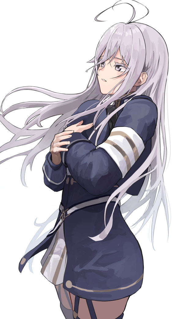 1girl, 86_-eightysix-, closed_mouth, eyebrows_visible_through_hair, feet_out_of_frame, grey_eyes, hanabusaraleigh, hat