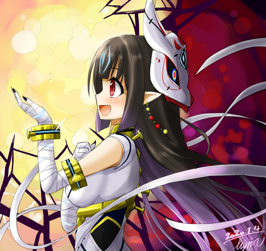 1girl, bandages, black_hair, breasts, earrings, fox_mask, hisin, jewelry