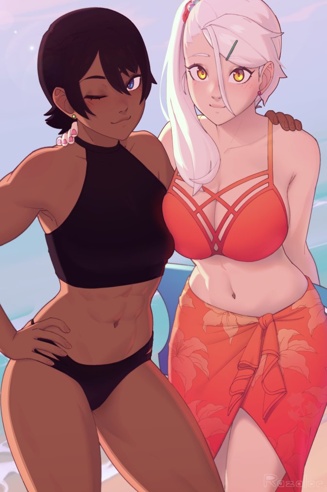 2girls, ;3, abs, andrea_vaeyl, artist_name, bangs, bare_shoulders, blue_eyes