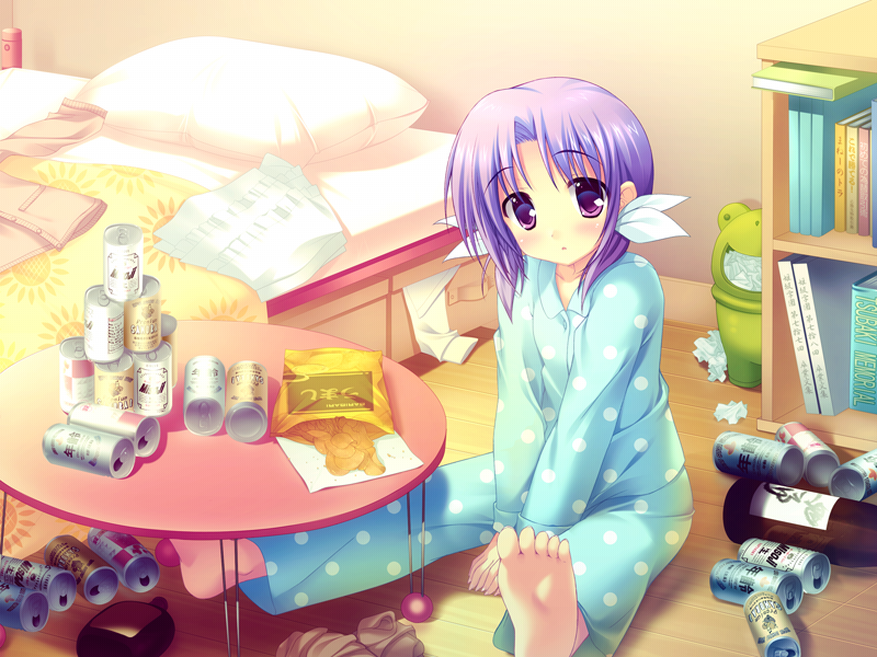 bed, bedroom, blush, book, can, feet, game_cg, hair_ribbon